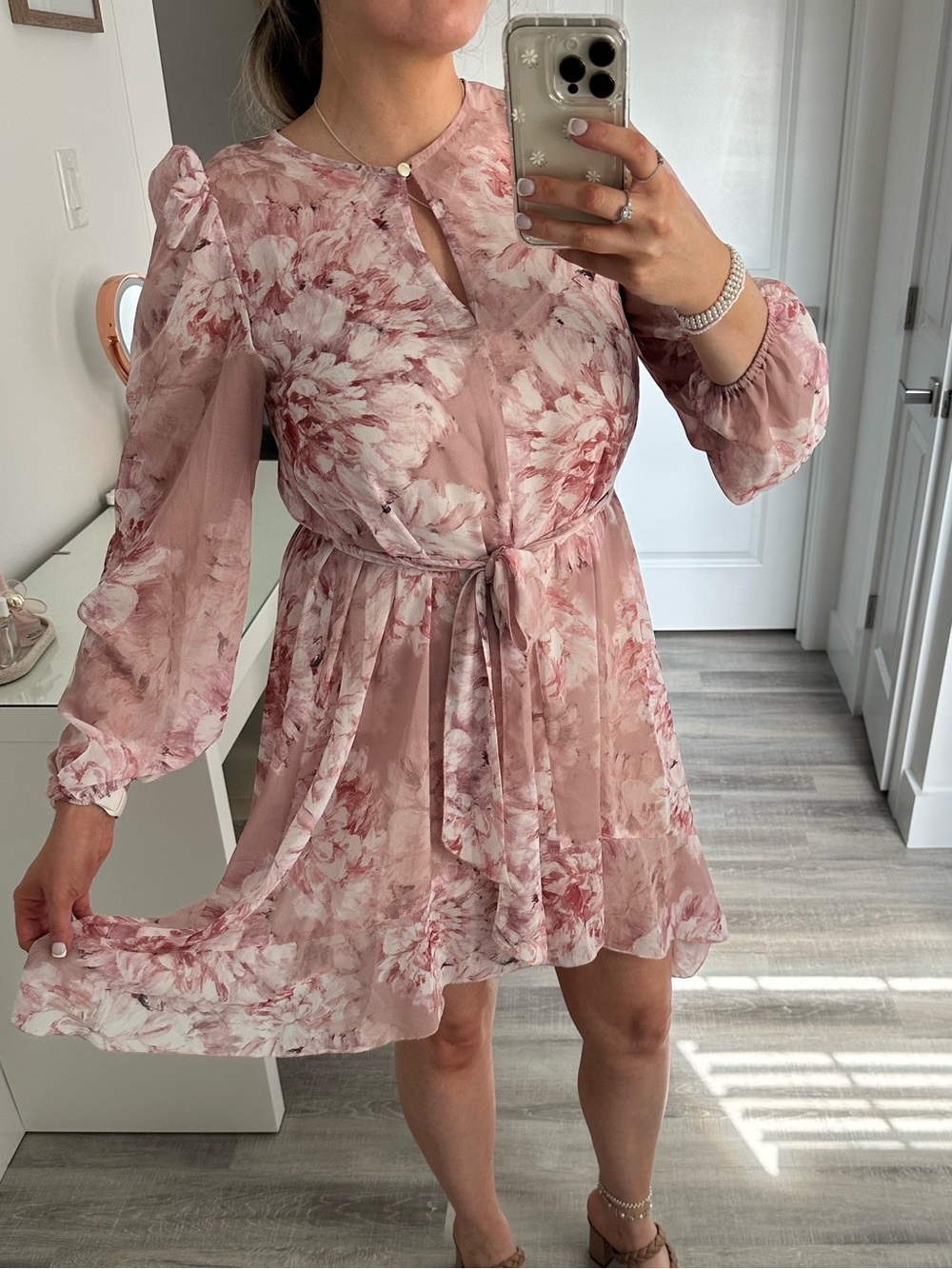 Floral Pink Tie-Waist Mini Dress with Sheer Long Sleeves